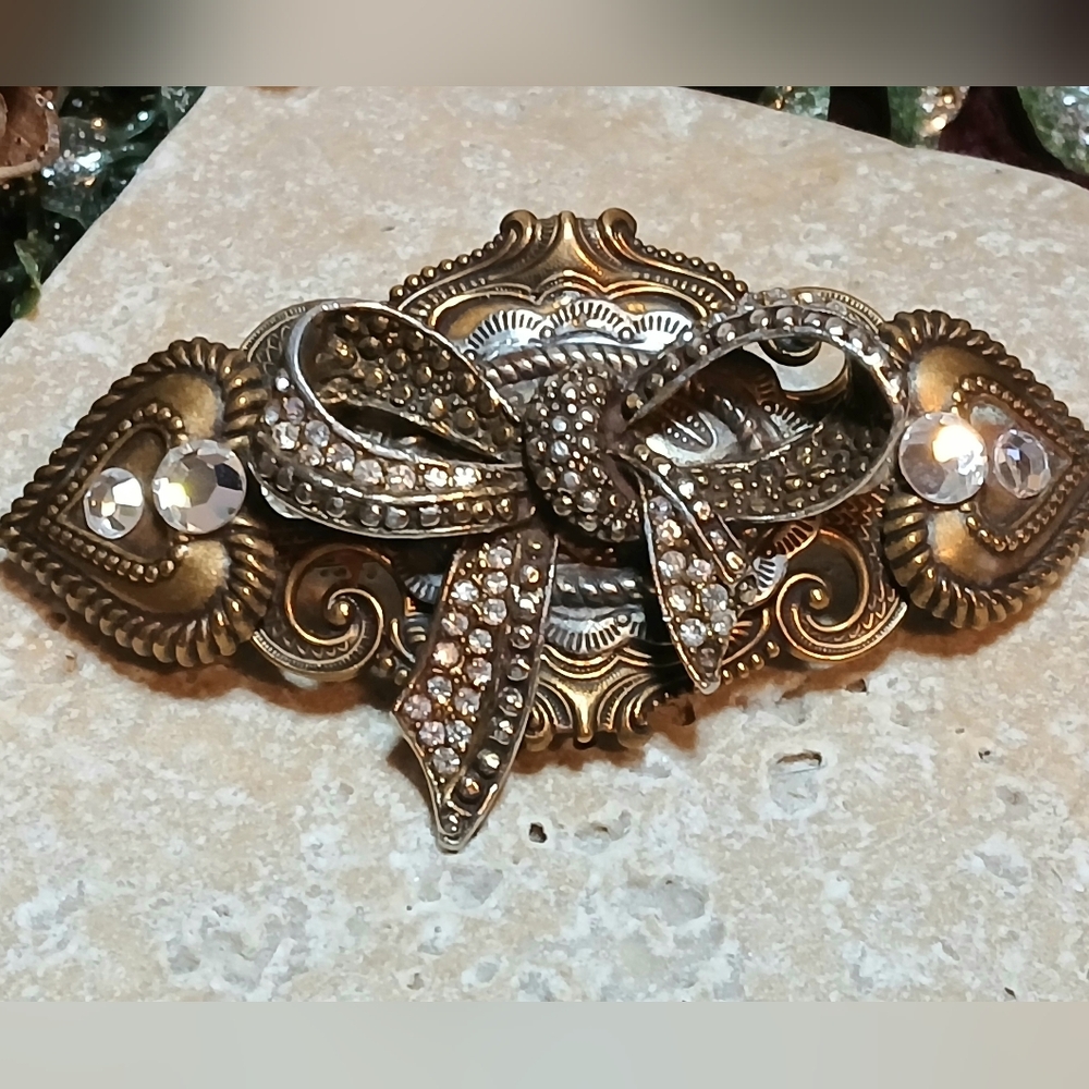 Vintage Antiqued Brass and Rhinestones Jeweled Barrette  Hearts, Bow Victorian